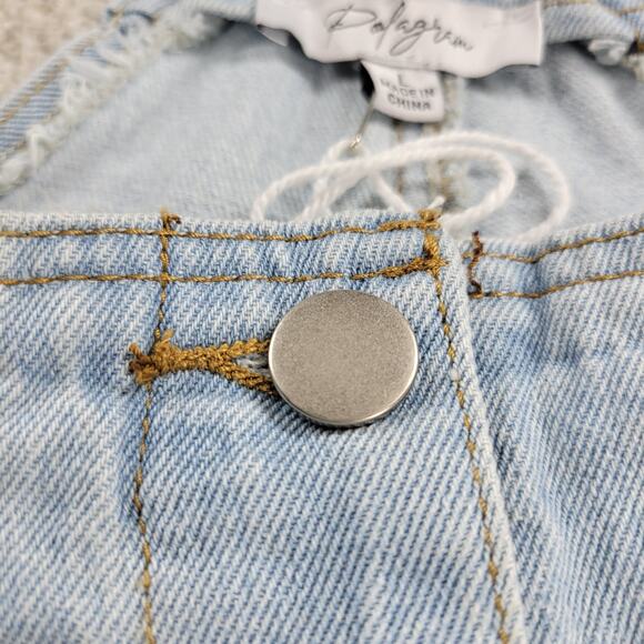 Polagram Overall Button Up Denim Jumpsuit Womens L Blue Light Wash Ruffle Straps - Picture 6 of 16